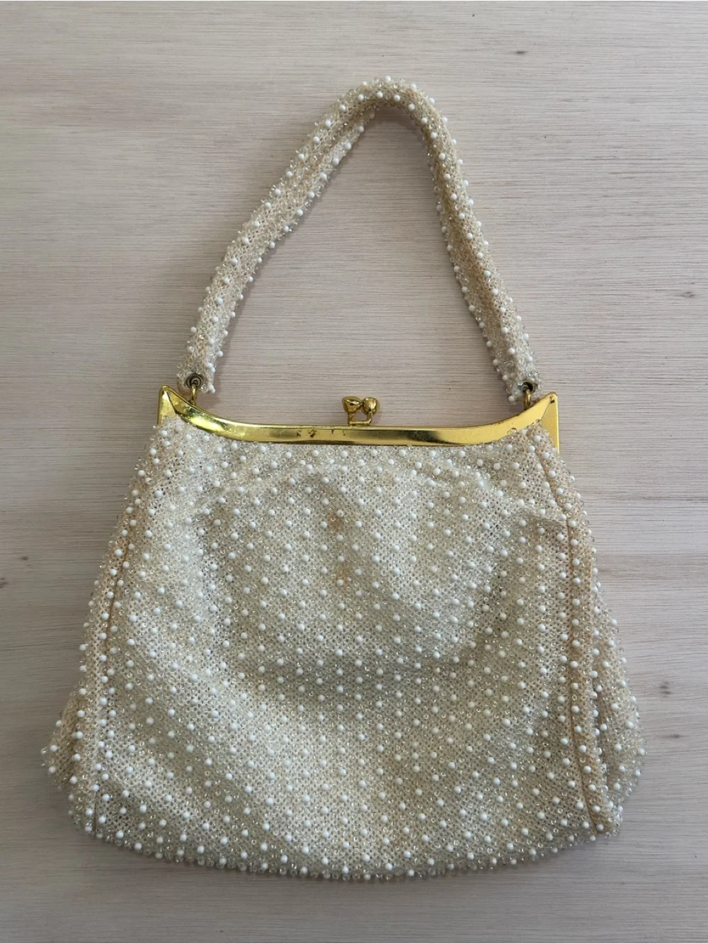 Elegant Cream bead-Embellished Evening Clutch with Gold Frame coin purse &mirror